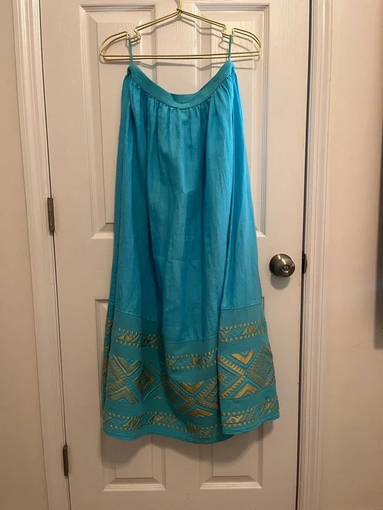 ✨ Haris Cotton Linen Skirt L Turquoise Gold Embroidered Greece Boho - Picture 8 of 9